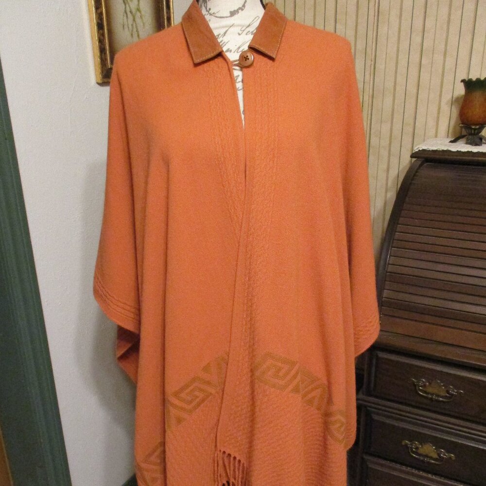 D & Bond Orange Fringed Poncho/Cape  w/Button Faux Leather Collar From Ecuador